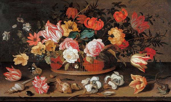 Rosen, Tulpen, Lilien und andere Blumen in einem Korb. 1625