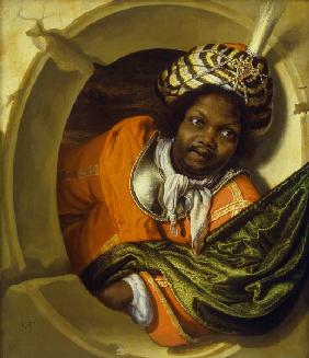 Portrait of a Moor holding a flag at a window 17th