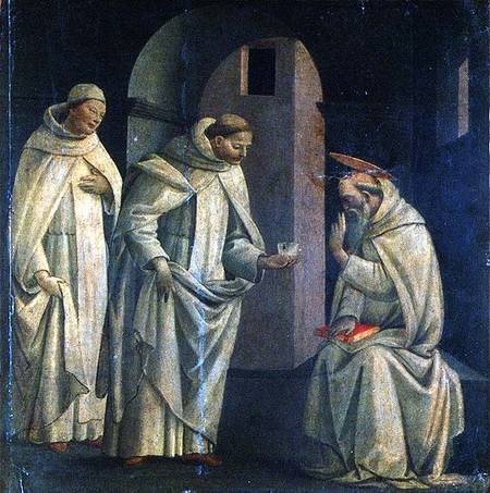 Scenes from the Life of St. Benedict: St. Benedict blessing the cup of poison which shatters, predel von Bartolomeo  di Giovanni