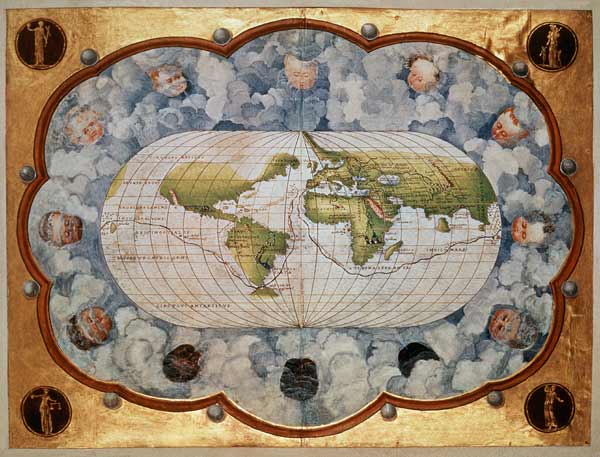 Map tracing Magellan''s world voyage, once owned Charles V, 1545  (see also 63417) von Battista Agnese