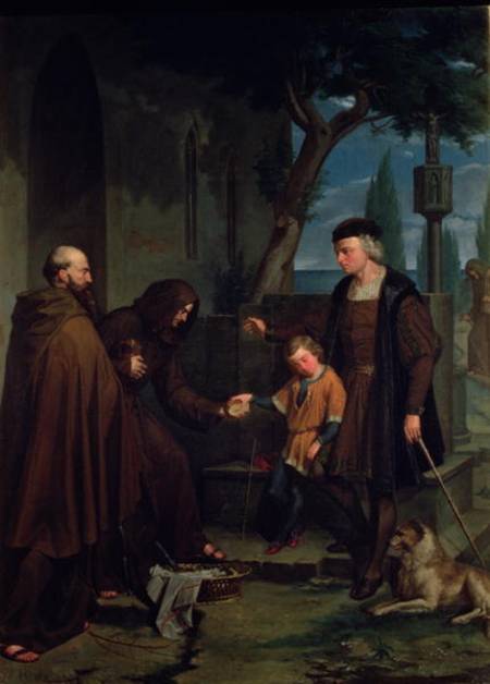Christopher Columbus at the gates of the monastery of Santa Maria de la Rabida with his son Diego, g von Benito Mercade y Fabregas