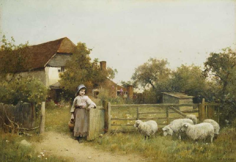 Junges Mädchen mit Schafen vor Hütte. von Benjamin D. Sigmund