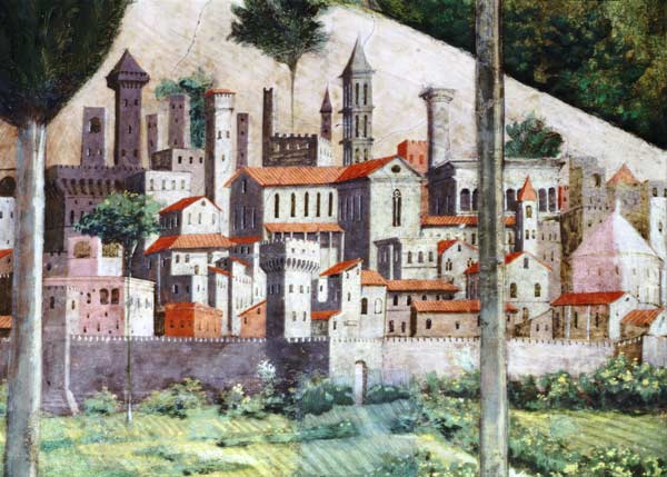 Medieval town, detail from the Journey of the Magi cycle in the chapel von Benozzo Gozzoli