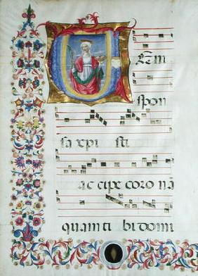 Historiated initial 'V' depicting St. Agatha (vellum) 07th-