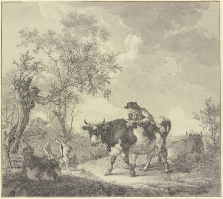 Ein Bauer bei seiner Kuh stehend verfolgt den Kampf zweier Ziegenböcke von Bernhard Heinrich Thier