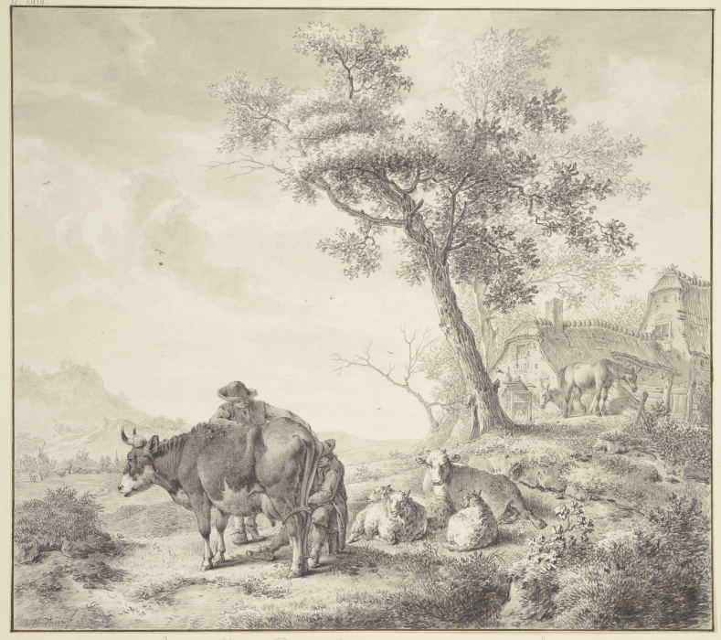 Ein Mann melkt eine Kuh, dabei einige Schafe, rechts zwei Pferde bei Häusern von Bernhard Heinrich Thier
