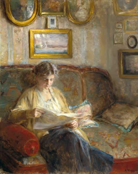 Lesende Frau in einem Innenraum. von Bertha Wegmann