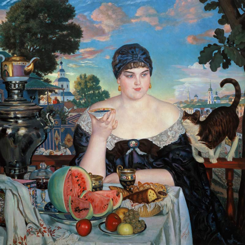 Eine russische Marktfrau beim Teetrinken von Boris Michailowitsch Kustodiev