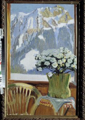 Blumen auf dem Balkon mit Blick auf die Berge 1912