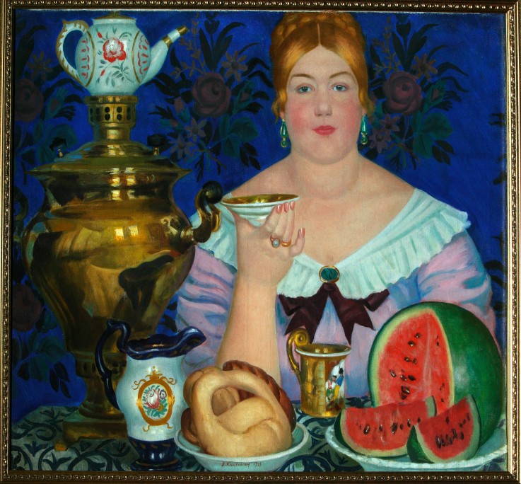 Kaufmannsfrau beim Teetrinken von Boris Michailowitsch Kustodiev
