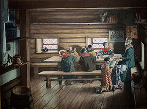 In einer russischen Dorfschule von Boris Michailowitsch Kustodiev