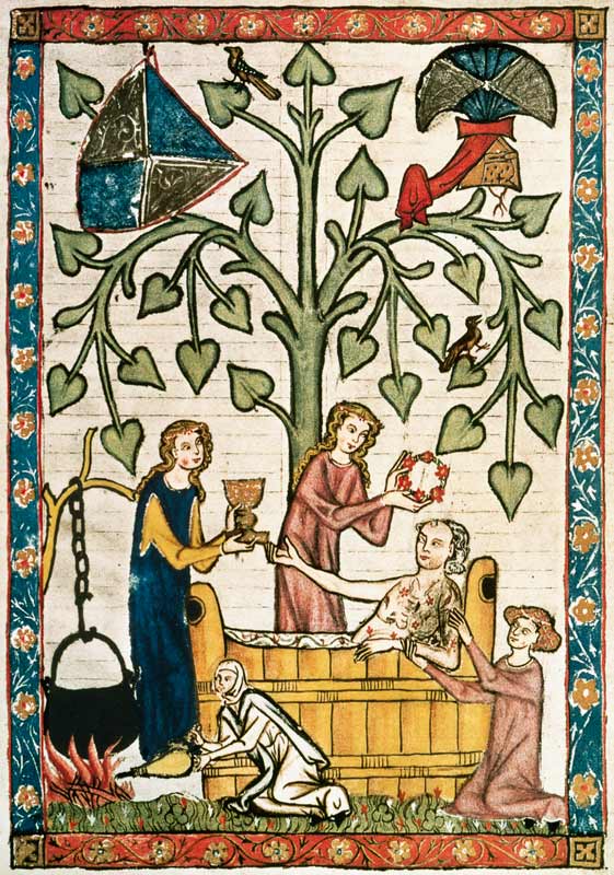 Jakob von Warte im Badezuber, von Damen umsorgt von Buchmalerei