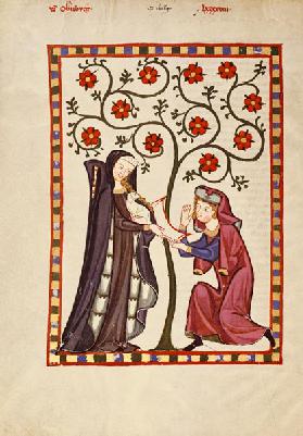 Der von Obernburg ueberreicht knieend seiner Dame ein Lied um 1310-40