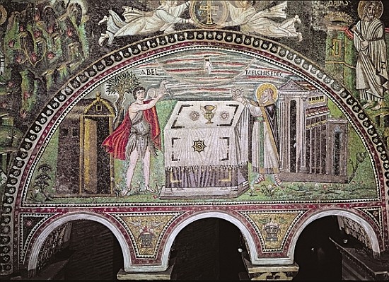 Abel offering a lamb and Melchisedech offering bread at the Altar, lunette on the South wall of the  von Byzantine School