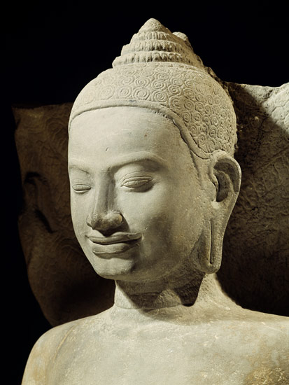 Buddha in Meditation on the Naga King, Mucilinda, detail of Buddha's head, from Preah Khan, Bayon st von Cambodian