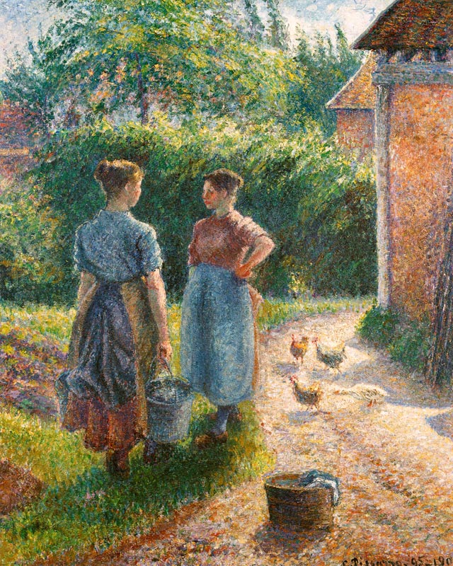 Plaudernde Bauernmädchen auf dem Bauernhof, Eragny von Camille Pissarro