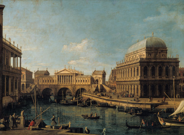 Capriccio mit dem Ponte di Rialto in Venedig nach dem Entwurf Andrea Palladios und der Basilika in V von Giovanni Antonio Canal (Canaletto)