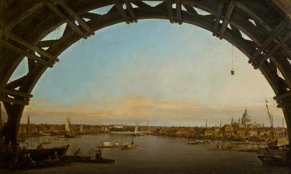 London seen through an arch of Westminster Bridge von Giovanni Antonio Canal (Canaletto)