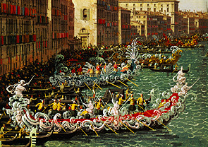 Regatta auf dem Canale Grande vor dem Palazzo Foscari (Detail) von Giovanni Antonio Canal (Canaletto)