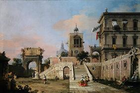 Capriccio of twin flights of steps leading to a palazzo, c.1750 (oil on canvas) 16th