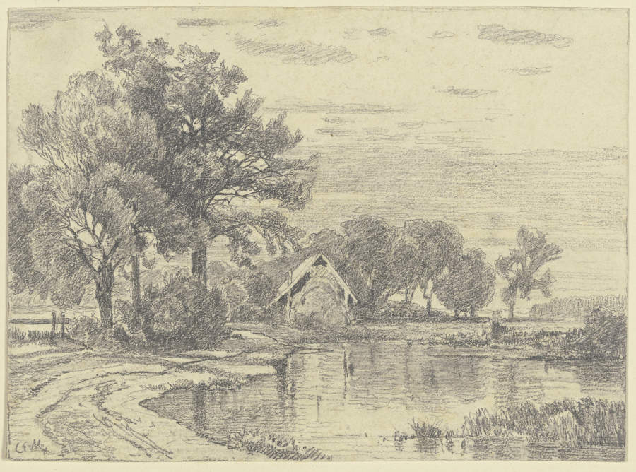 Eine Hütte an einem Teich von Carl Ernst Morgenstern