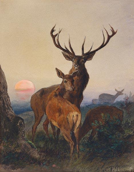 Ein Hirsch und ein Reh bei Sonnenuntergang 1865