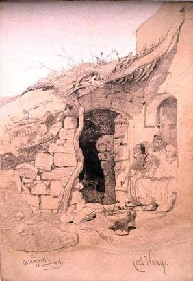 Three figures seated outside a house, Nazareth 1859 cil a