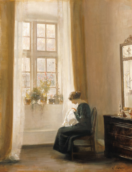 A Girl Sewing in an Interior von Carl Holsoe