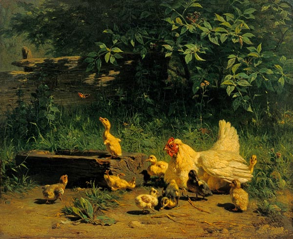 Henne mit Kücken und jungen Enten von Carl Jutz