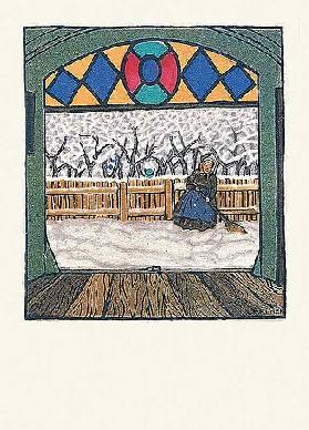 Schneekehrende Frau.  Weihnachtskarte der Wiener Werkstätten, No.762