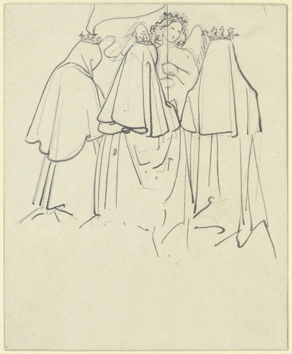 Drei gekrönte Frauen knien vor einem Engel, der eine Fahne schwingt von Carl Philipp Fohr