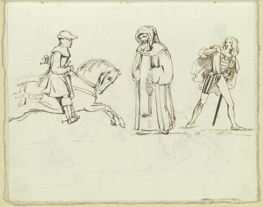 Ein Reiter, ein Mönch, ein junger Ritter mit Schwert und weitem Mantel von Carl Philipp Fohr