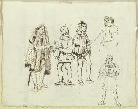 Fünf Figuren in der Tracht des 15. und 16. Jahrhunderts, zwei zu einer Gruppe zusammengestellt