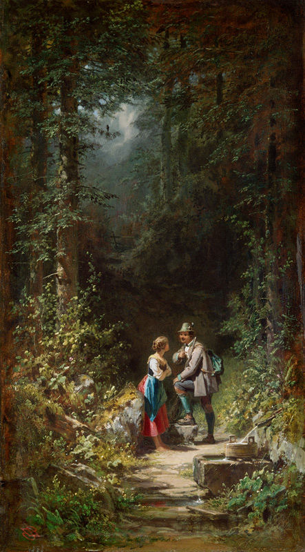 Jäger und Sennerin am Waldbrunnen von Carl Spitzweg