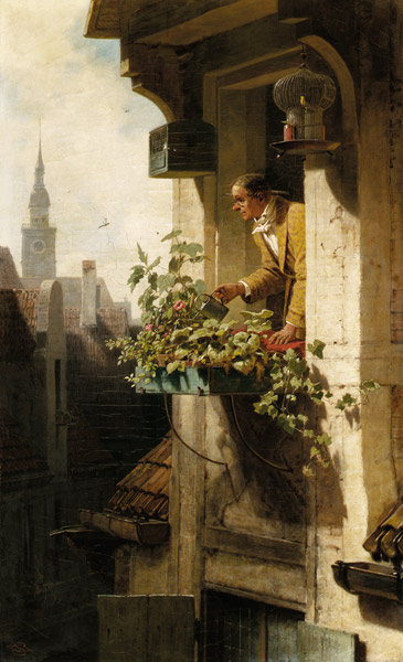 Mann beim Gießen des Blumenkastens. von Carl Spitzweg