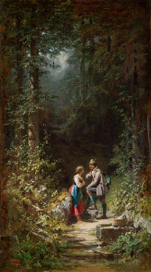 Jäger und Sennerin am Waldbrunnen 1860