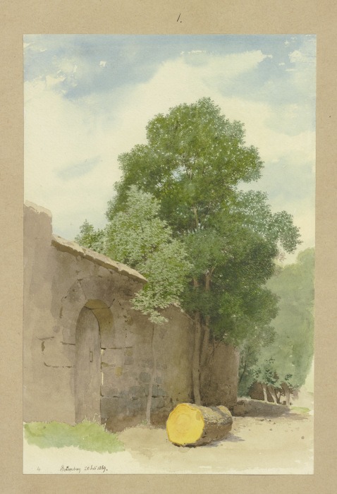 Abgesägter Baumstamm vor einer Mauer am Rothenburger Wildbad von Carl Theodor Reiffenstein