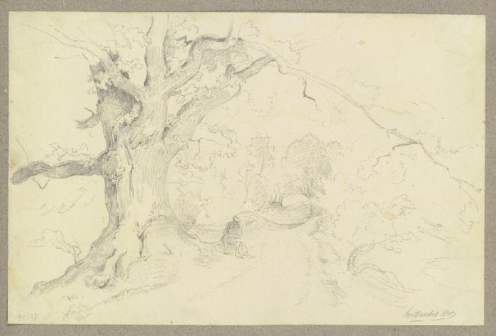 Ein großer Baum an einem Hohlweg mit rastendem Wanderer von Carl Theodor Reiffenstein