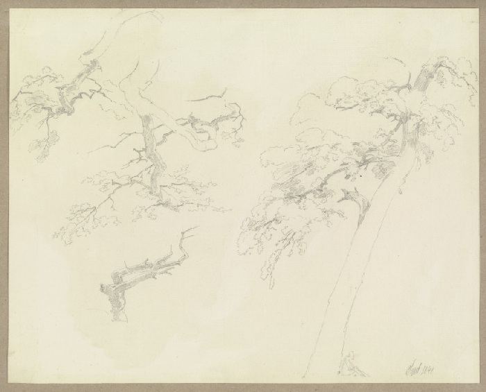 Geäst und ein schiefer Baum, an dessem Fuße eine sitzende Figur von Carl Theodor Reiffenstein