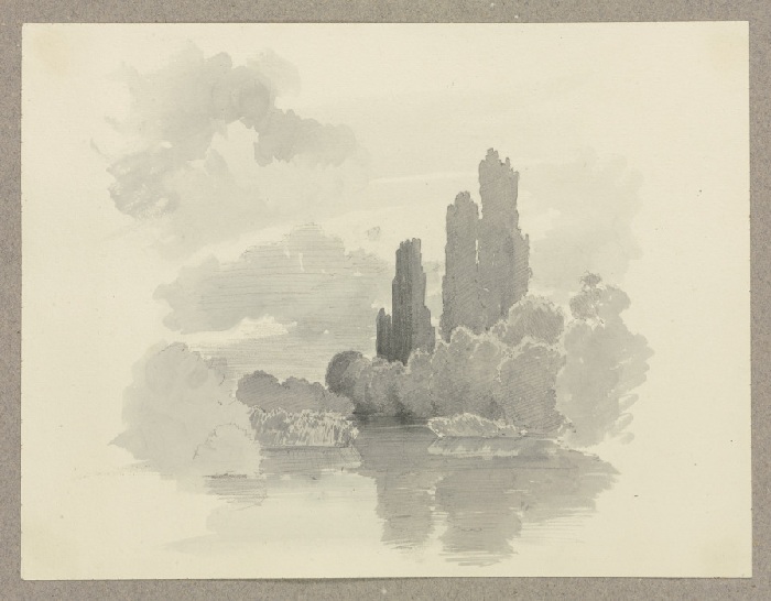 Gewässer, am Ufer Büsche und Bäume von Carl Theodor Reiffenstein