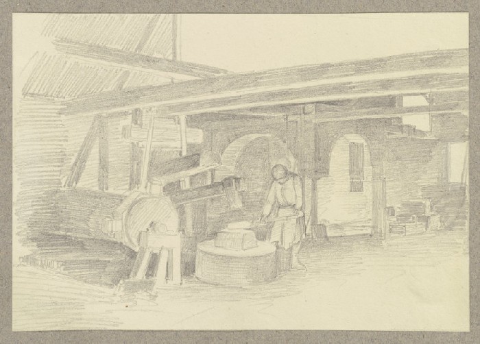 Inneres eines Harzer (?) Eisenhammers, ein Schmied beim Ausschmieden der Luppe unter dem Vorschlagha von Carl Theodor Reiffenstein