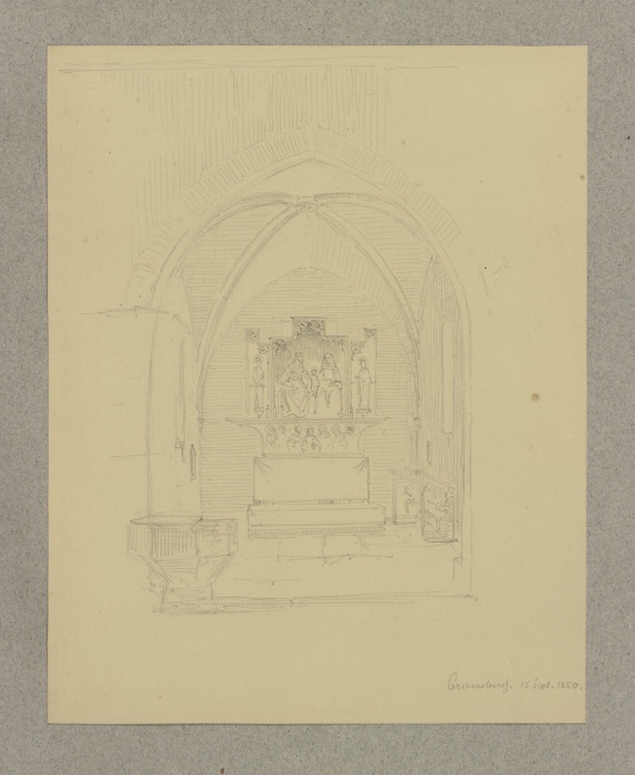 Kreuzrippengewölbter Chorraum einer Kirche in Kronberg mit geöffnetem Hochaltar und Taufstein von Carl Theodor Reiffenstein