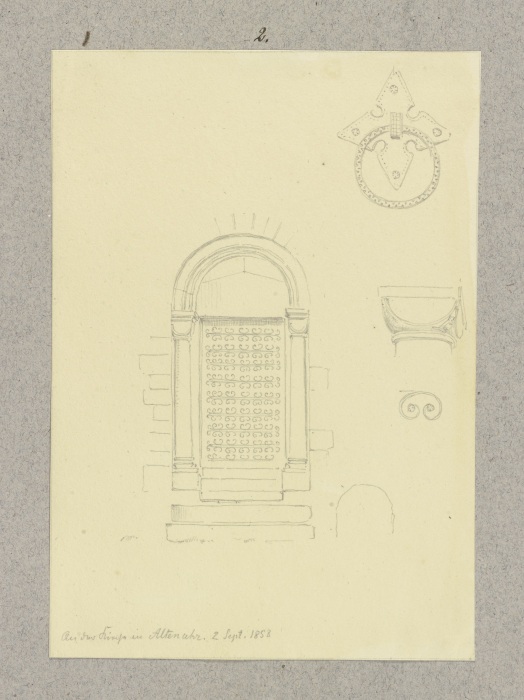 Portal und Details eines Türknaufs sowie einer Säule der Kirche Mariä Verkündigung in Altenahr von Carl Theodor Reiffenstein