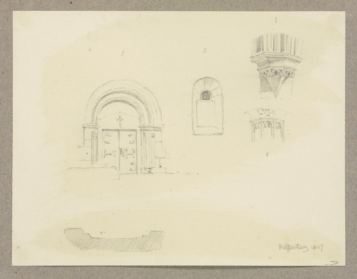 Studienblatt: Portal zum Laienrefektorium des Klosters Eberbach sowie weitere romanische und gotisch von Carl Theodor Reiffenstein