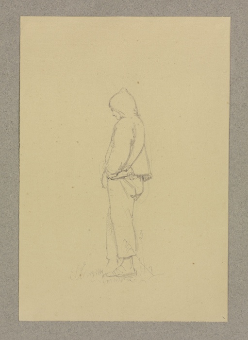 Zu Boden blickender Junge mit Kapuze, nach links von Carl Theodor Reiffenstein