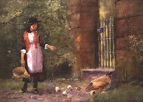 Girl feeding hens 1887