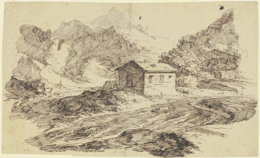 Alpental mit Bach und zwei Almhütten von Carl Friedrich von Rumohr