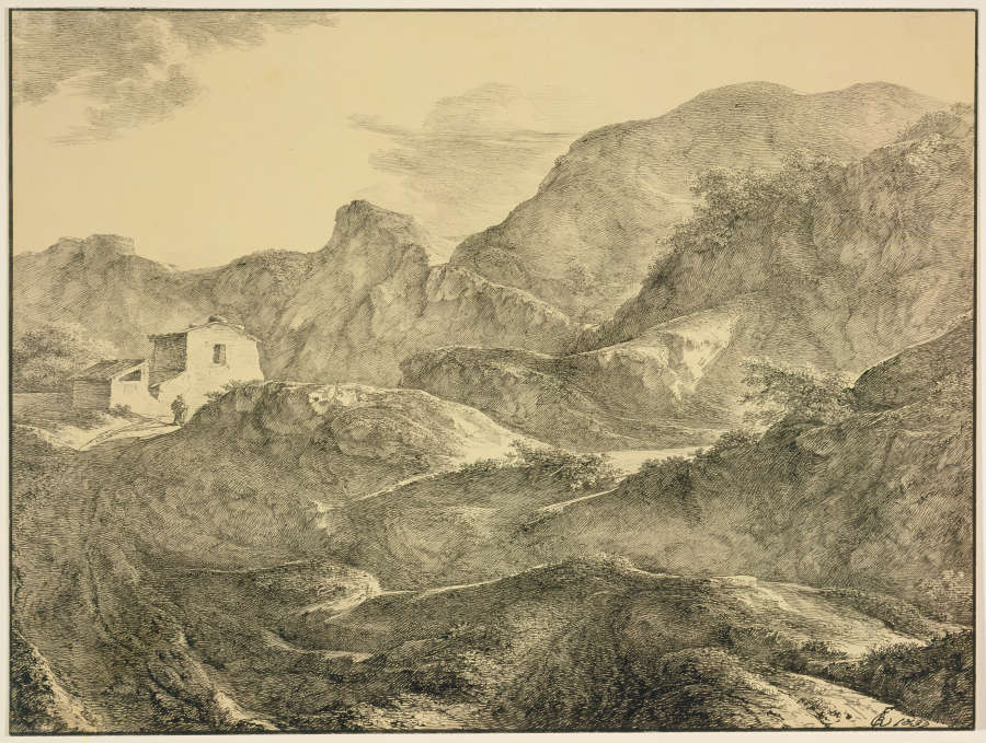 Gebirgslandschaft, links ein Haus mit einem Wanderer davor von Carl Friedrich von Rumohr