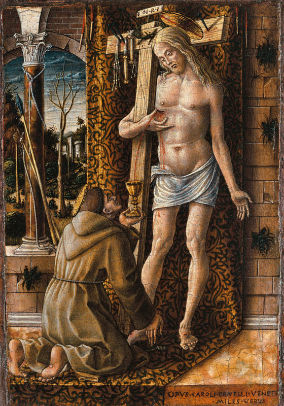 Heiliger Franz von Assisi fängt das Blut Christi aus den Wundmalen auf von Carlo Crivelli