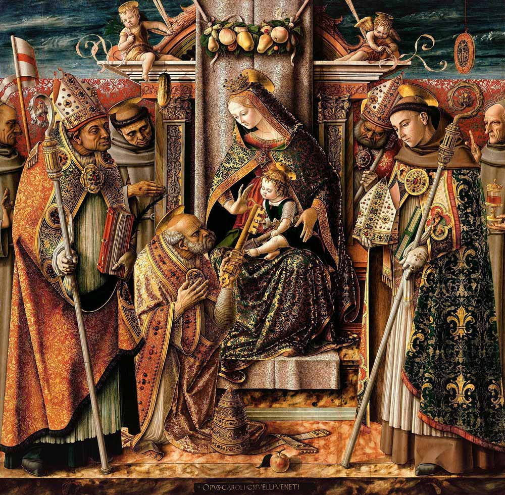 Thronende Madonna mit Christuskind, welches Hl. Petrus den Schlüssel übergibt von Carlo Crivelli